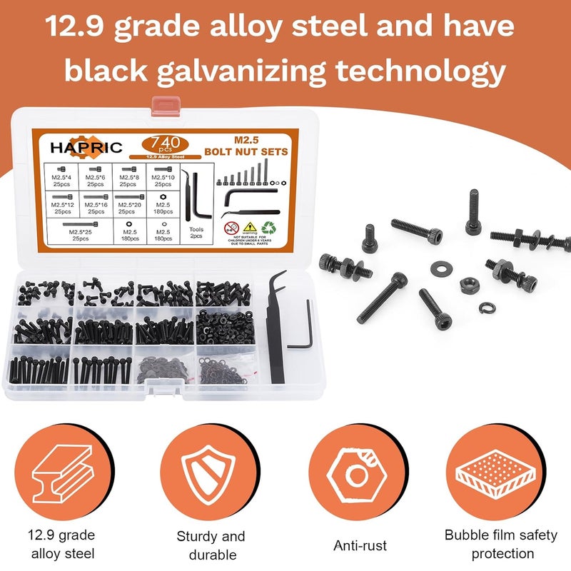 Hapric 740 Pcs M2.5 Screws Kit M2.5 Screw Assortment Nuts and Bolts Assortment Kit Metric Machine Screw Kit, 12.9 Alloy Steel Black Zinc Plated Hex Socket Head Screws Nuts Bolts and Washers Set - Image 4